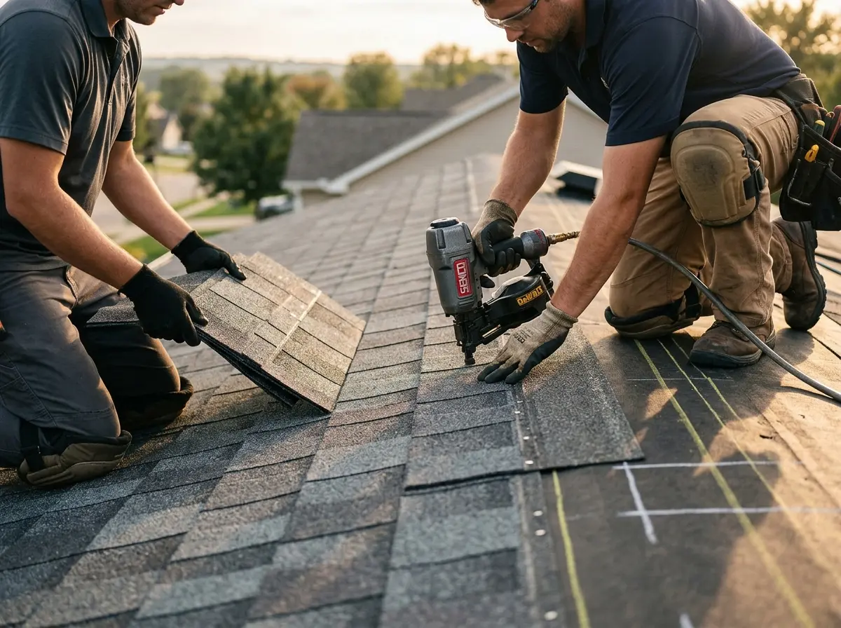 Professional roofer working on a residential roof in Lower Nazareth